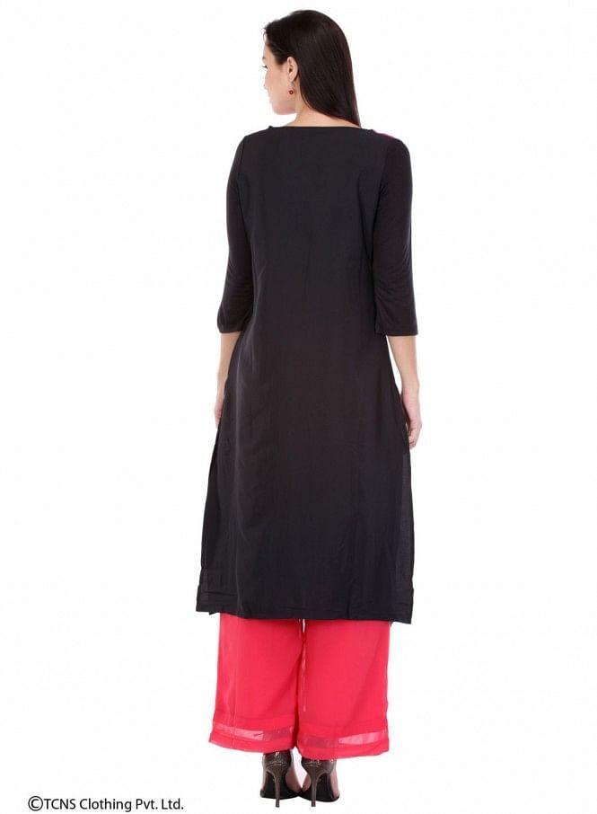 Black Printed 3/4 Sleeve kurta - wforwoman