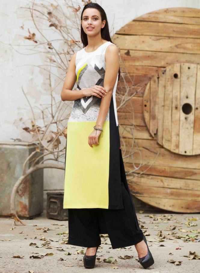 Yellow Printed Sleeveless kurta - wforwoman