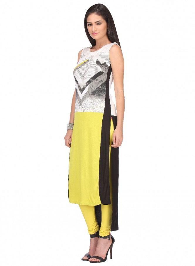 Yellow Printed Sleeveless kurta - wforwoman