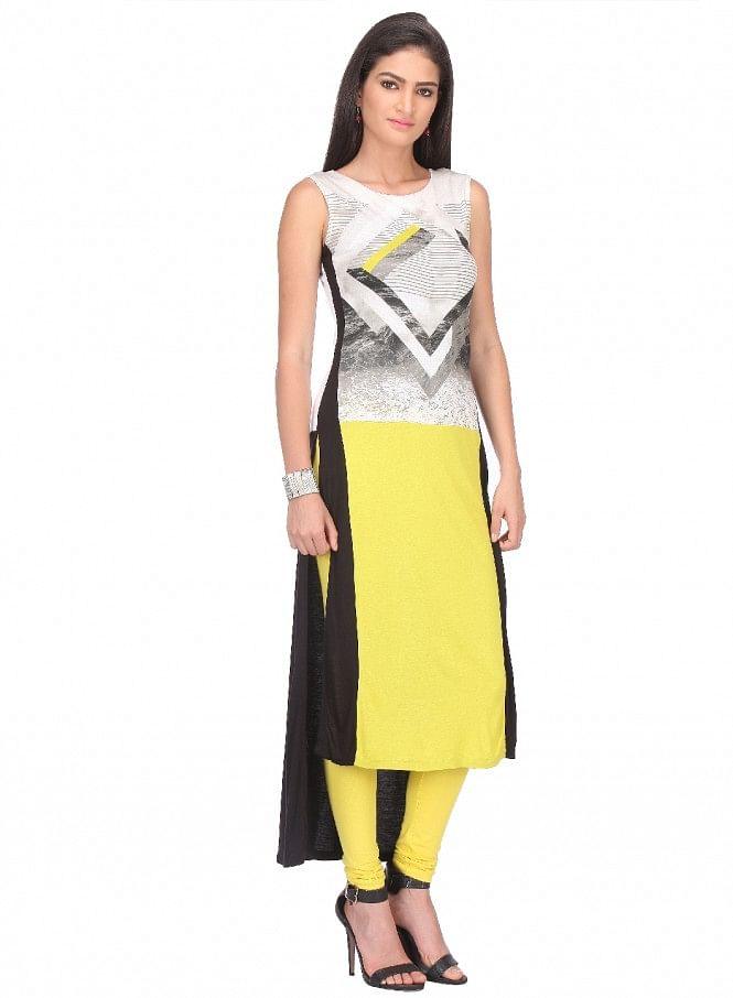 Yellow Printed Sleeveless kurta - wforwoman