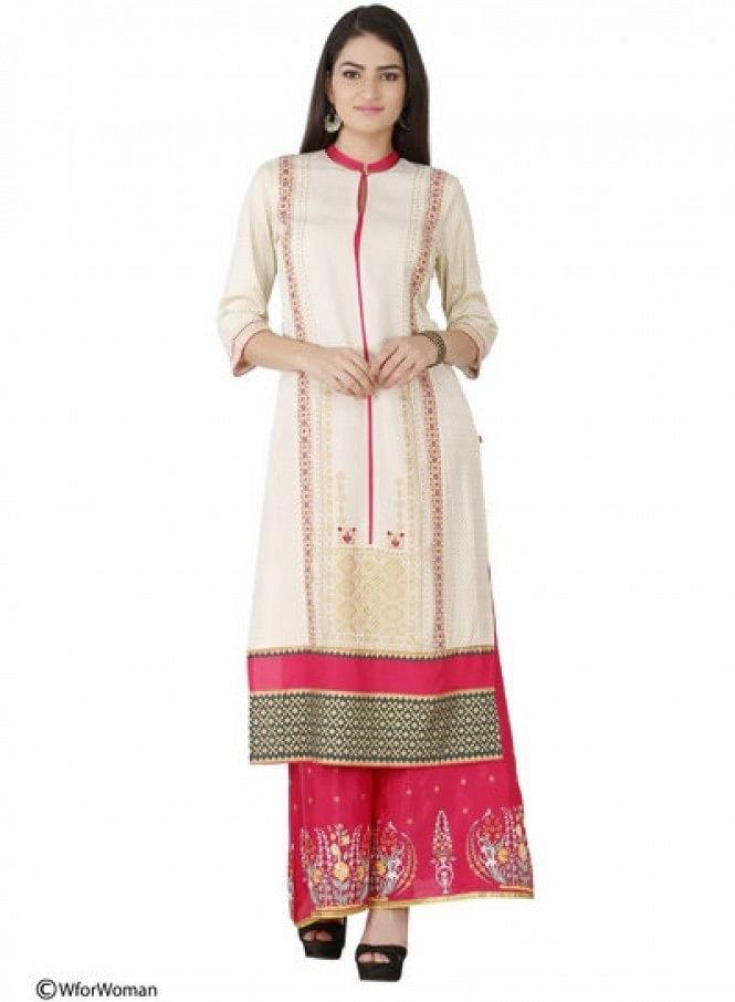 Beige Printed 3/4 Sleeve kurta - wforwoman