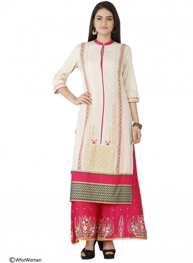 Beige Printed 3/4 Sleeve kurta - wforwoman