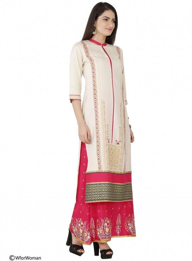 Beige Printed 3/4 Sleeve kurta - wforwoman