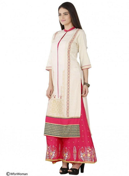 Beige Printed 3/4 Sleeve kurta - wforwoman