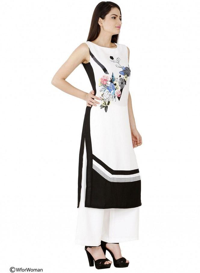 White Printed Sleeveless kurta - wforwoman