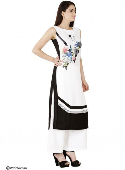 White Printed Sleeveless kurta - wforwoman