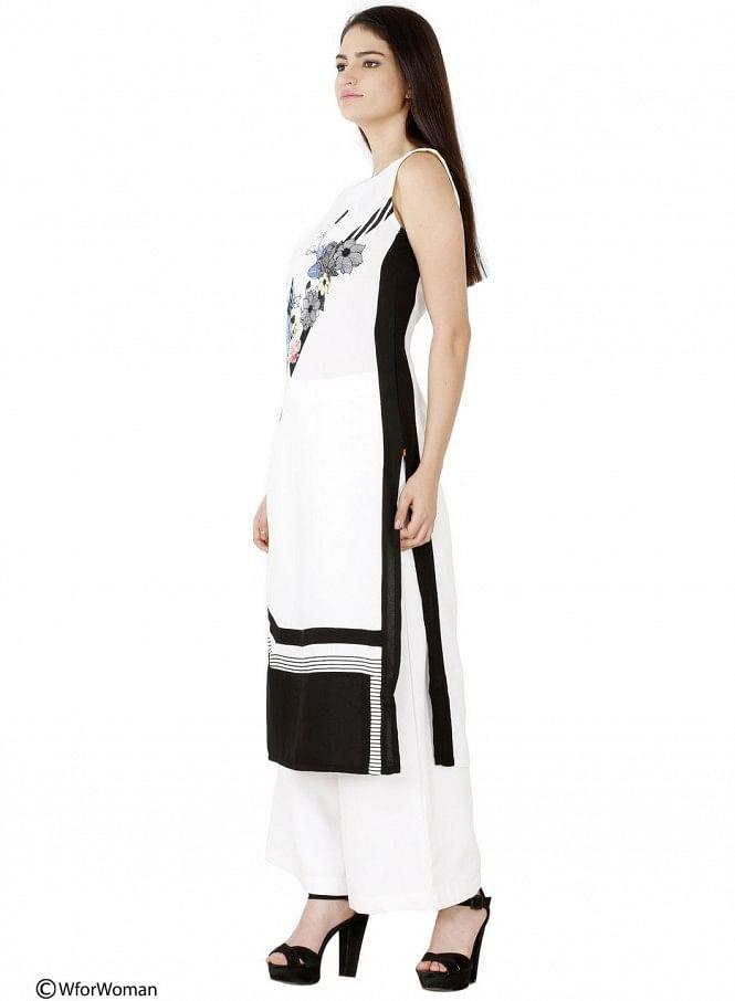 White Printed Sleeveless kurta - wforwoman