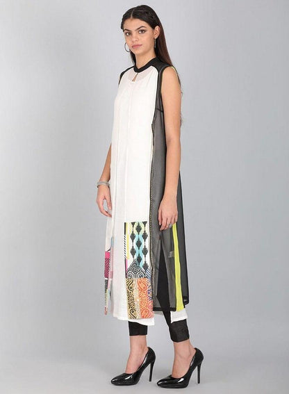 Black Mandarin Neck Solid kurta - wforwoman