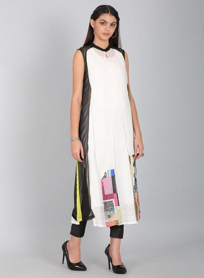 Black Mandarin Neck Solid kurta - wforwoman