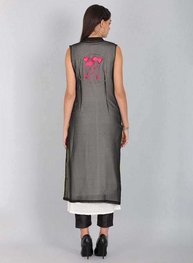 Black Mandarin Neck Solid kurta - wforwoman