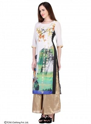 White Printed 3/4 Sleeve kurta