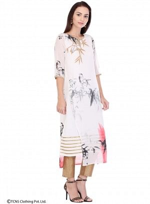 White Printed 3/4 Sleeve kurta
