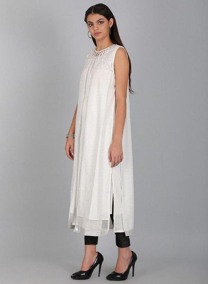 White Round Neck Printed Gillet - wforwoman