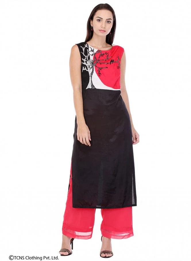 Black Printed Sleeveless kurta - wforwoman