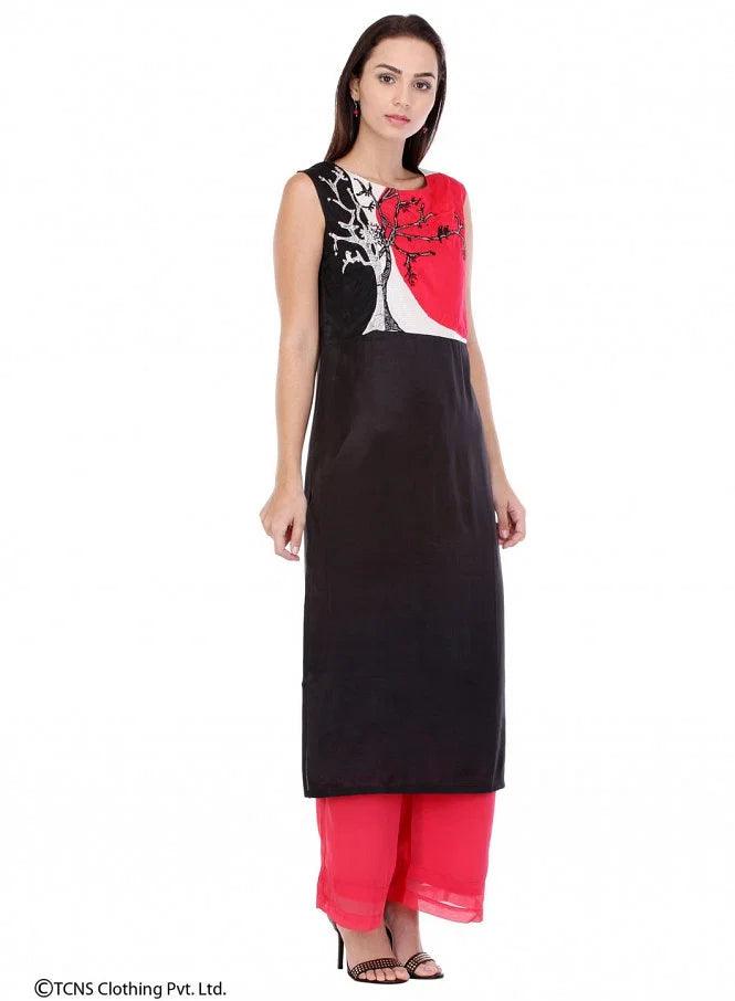 Black Printed Sleeveless kurta - wforwoman