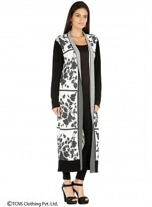 White Leaf-Print Long Cardigan - S