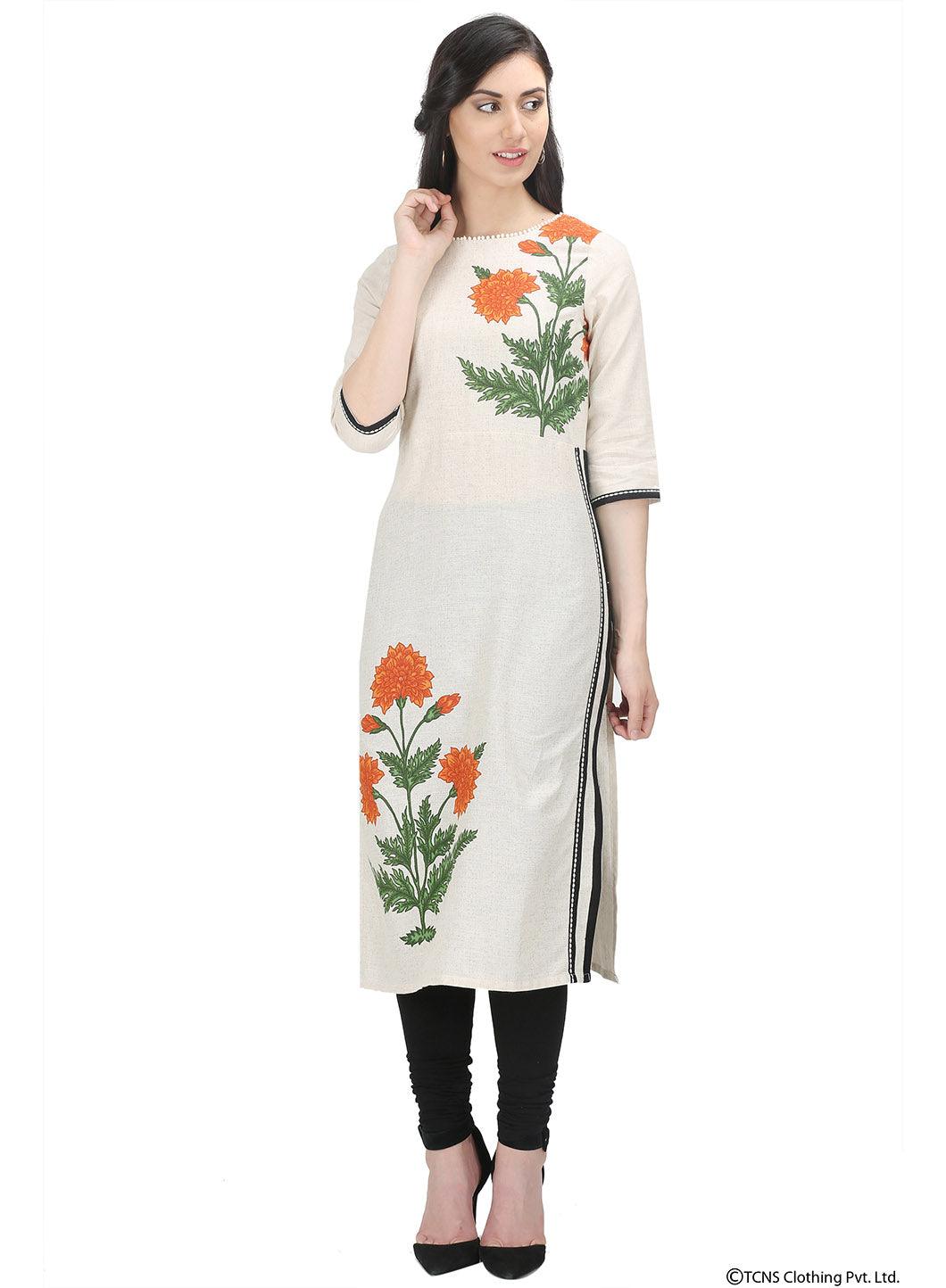 Beige 3/4 Sleeve Round Neck kurta - wforwoman