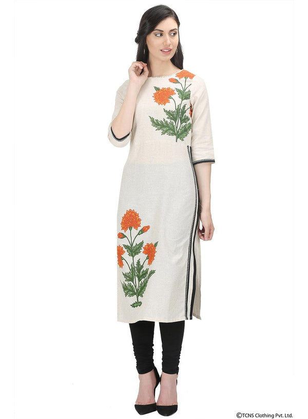 Beige 3/4 Sleeve Round Neck kurta