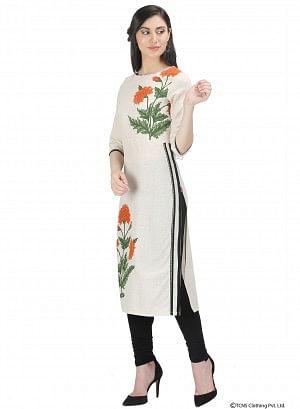Beige 3/4 Sleeve Round Neck kurta - wforwoman