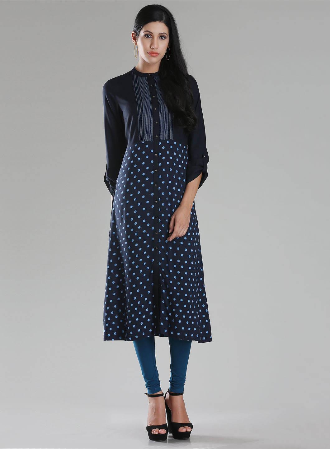 Navy Printed Mandarin Neck kurta - wforwoman