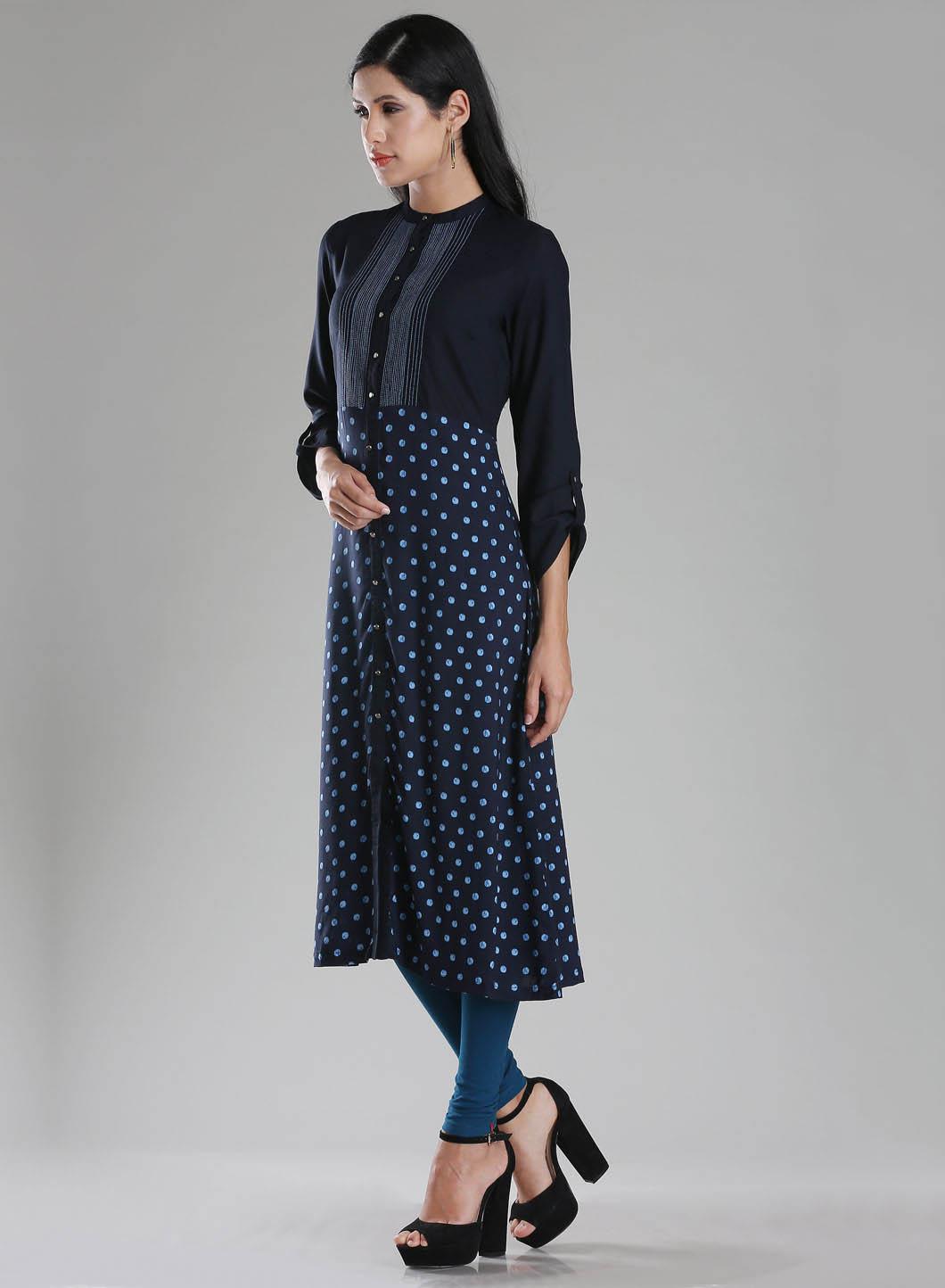 Navy Printed Mandarin Neck kurta - wforwoman