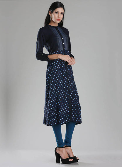 Navy Printed Mandarin Neck kurta - wforwoman