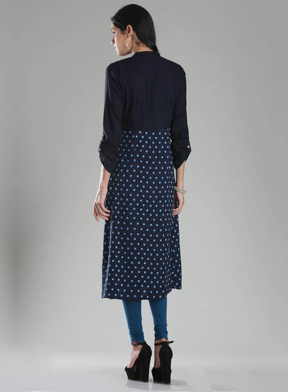 Navy Printed Mandarin Neck kurta - wforwoman
