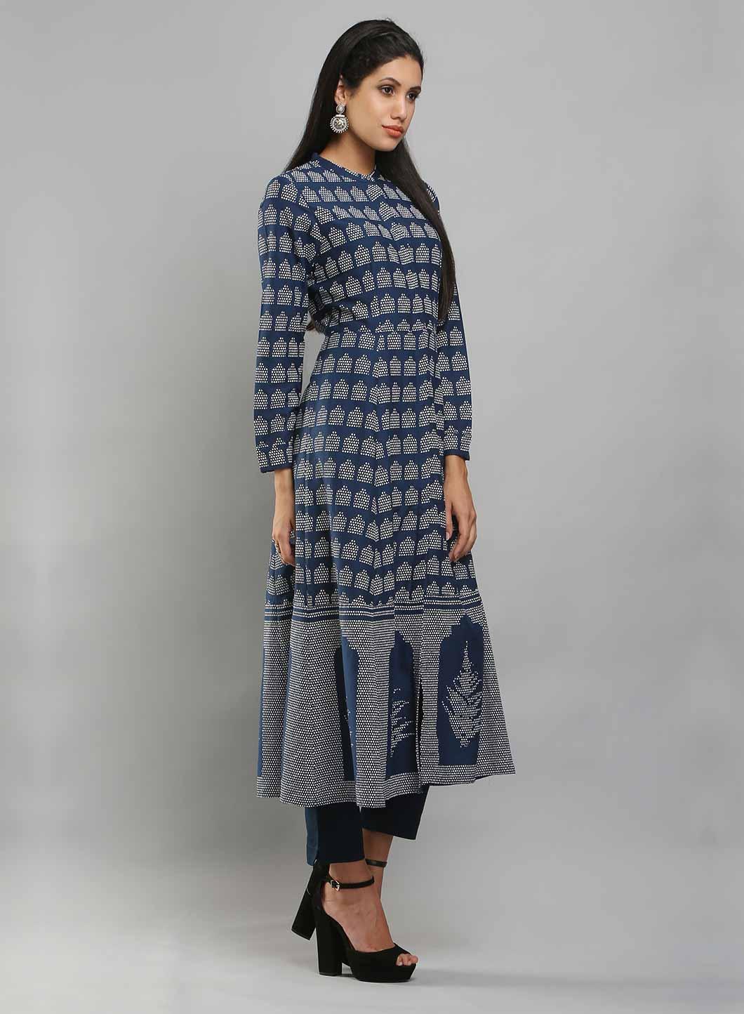 Navy Printed Mandarin Neck kurta - wforwoman