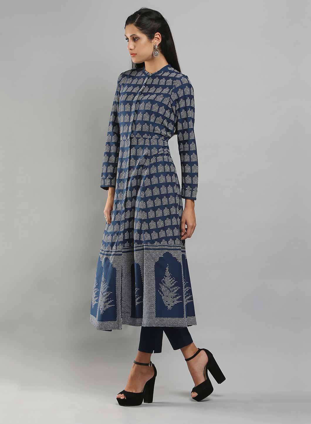 Navy Printed Mandarin Neck kurta - wforwoman