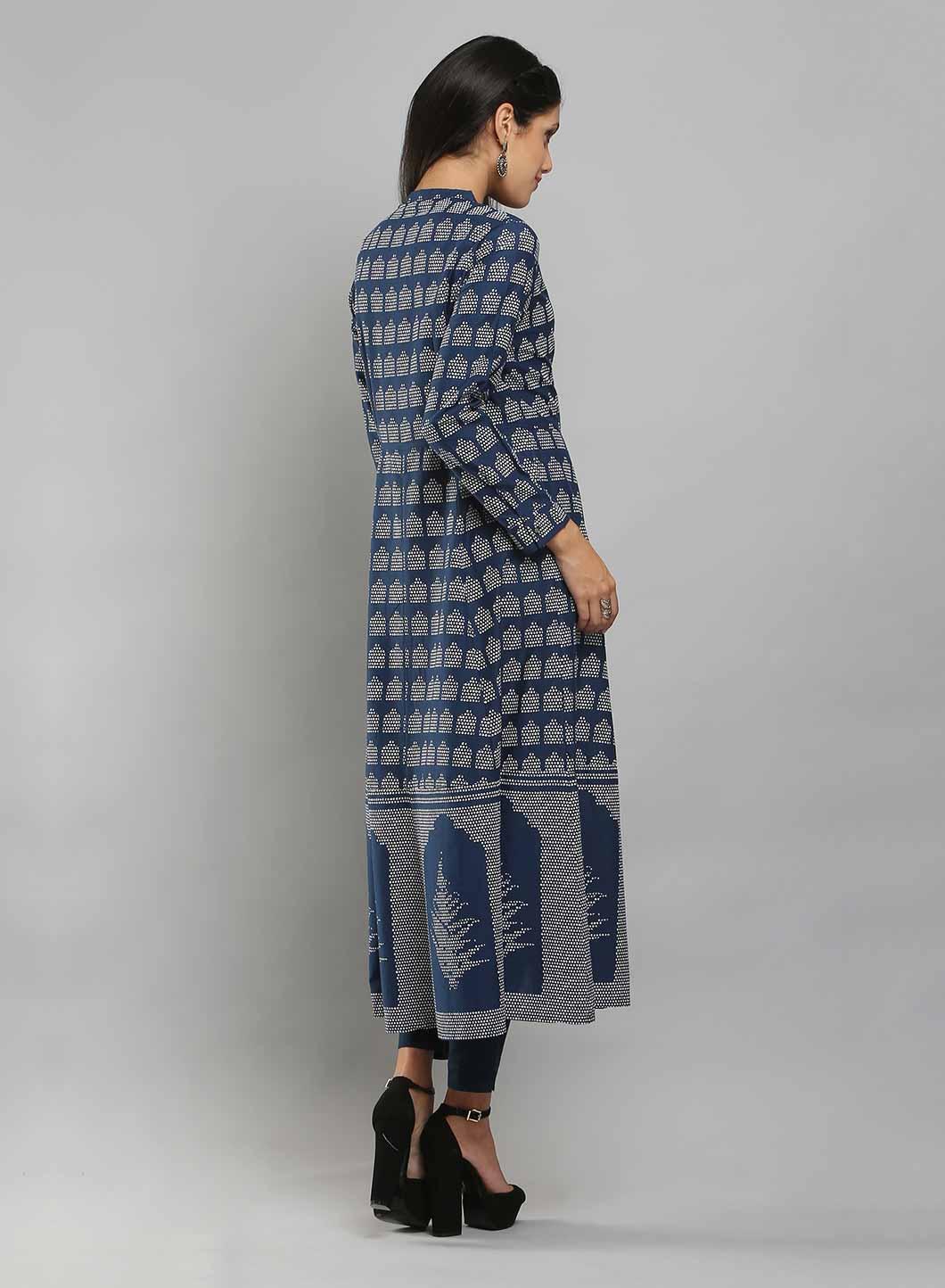Navy Printed Mandarin Neck kurta - wforwoman