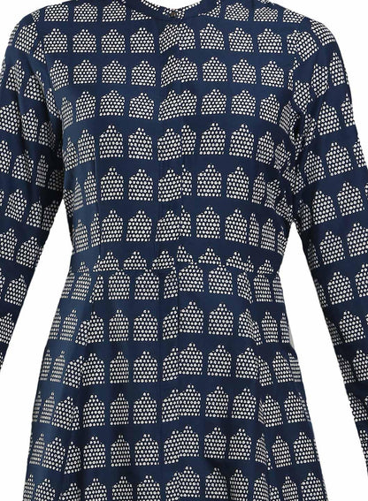 Navy Printed Mandarin Neck kurta - wforwoman