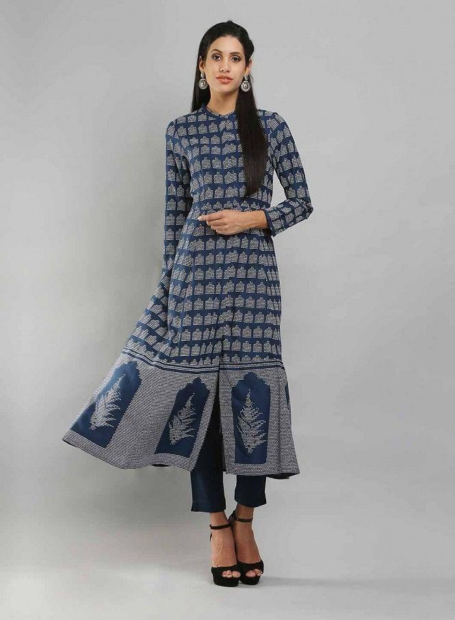 Navy Printed Mandarin Neck kurta - wforwoman