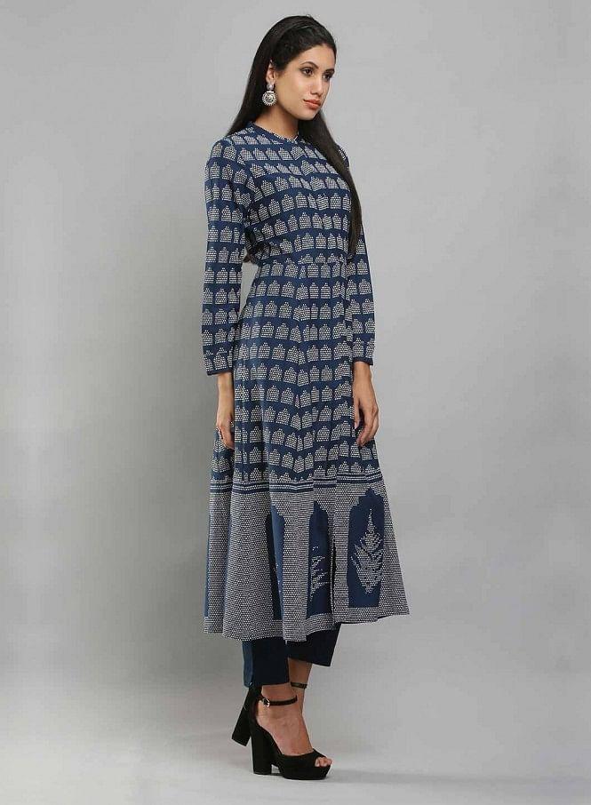 Navy Printed Mandarin Neck kurta - wforwoman