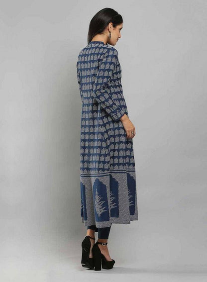Navy Printed Mandarin Neck kurta - wforwoman