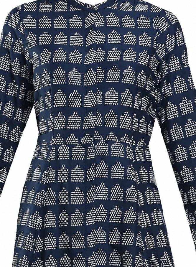 Navy Printed Mandarin Neck kurta - wforwoman