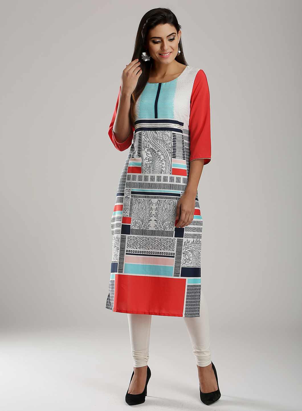 White &amp; Blue Round Neck kurta - wforwoman