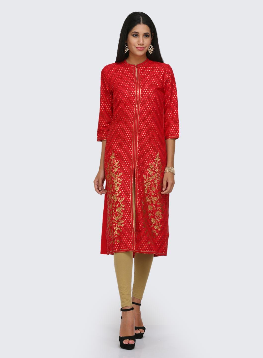 Red Printed Mandarin Neck kurta - wforwoman