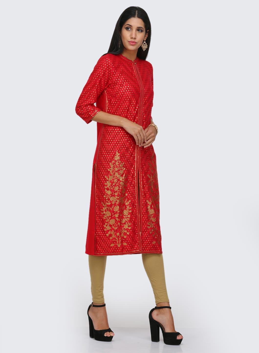 Red Printed Mandarin Neck kurta - wforwoman