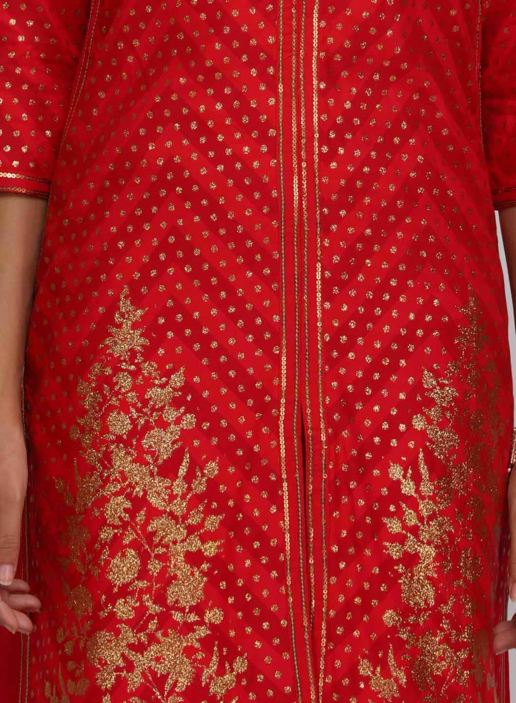 Red Printed Mandarin Neck kurta - wforwoman
