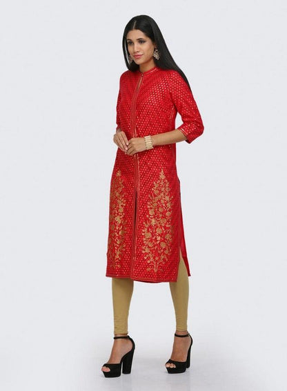 Red Printed Mandarin Neck kurta - wforwoman