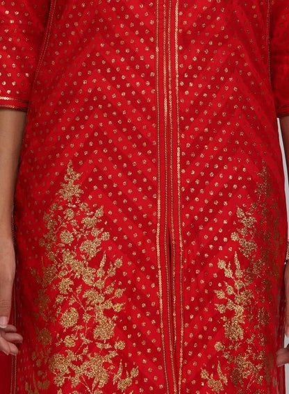 Red Printed Mandarin Neck kurta - wforwoman