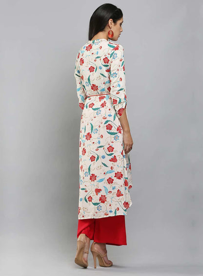 White Mandarin Neck Floral Print kurta - wforwoman