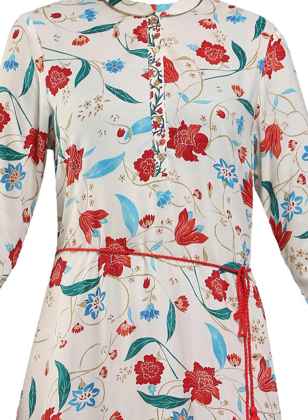 White Mandarin Neck Floral Print kurta - wforwoman