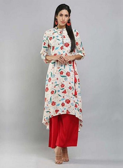 White Mandarin Neck Floral Print kurta - wforwoman