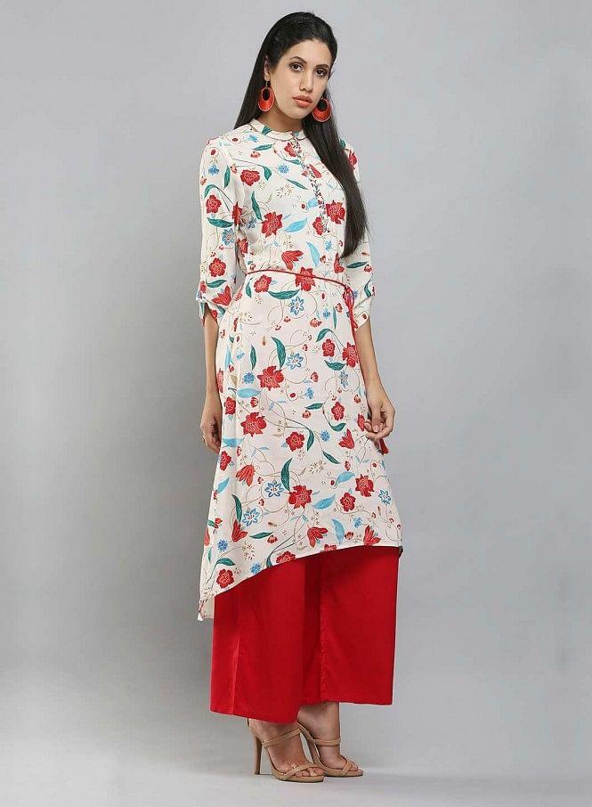 White Mandarin Neck Floral Print kurta - wforwoman