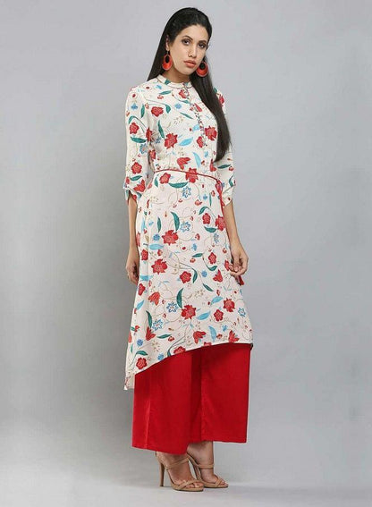 White Mandarin Neck Floral Print kurta - wforwoman