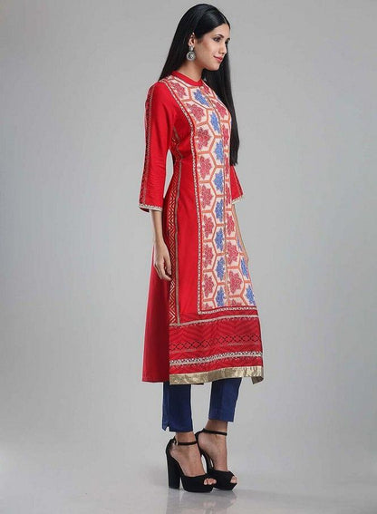 Red Mandarin Neck Printed kurta - wforwoman