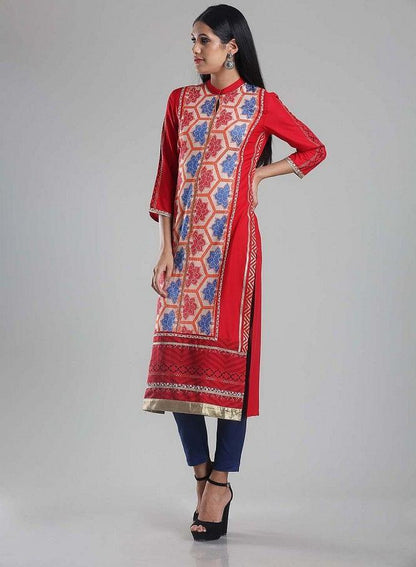Red Mandarin Neck Printed kurta - wforwoman