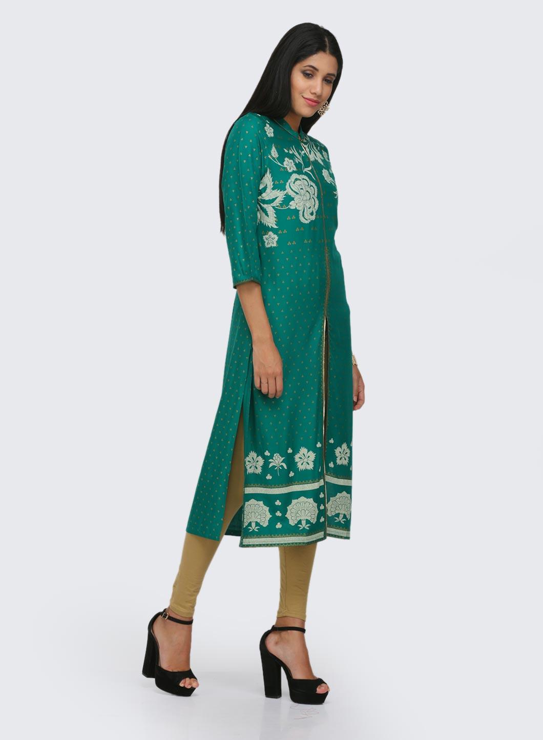 Green Printed Mandarin Neck kurta - wforwoman