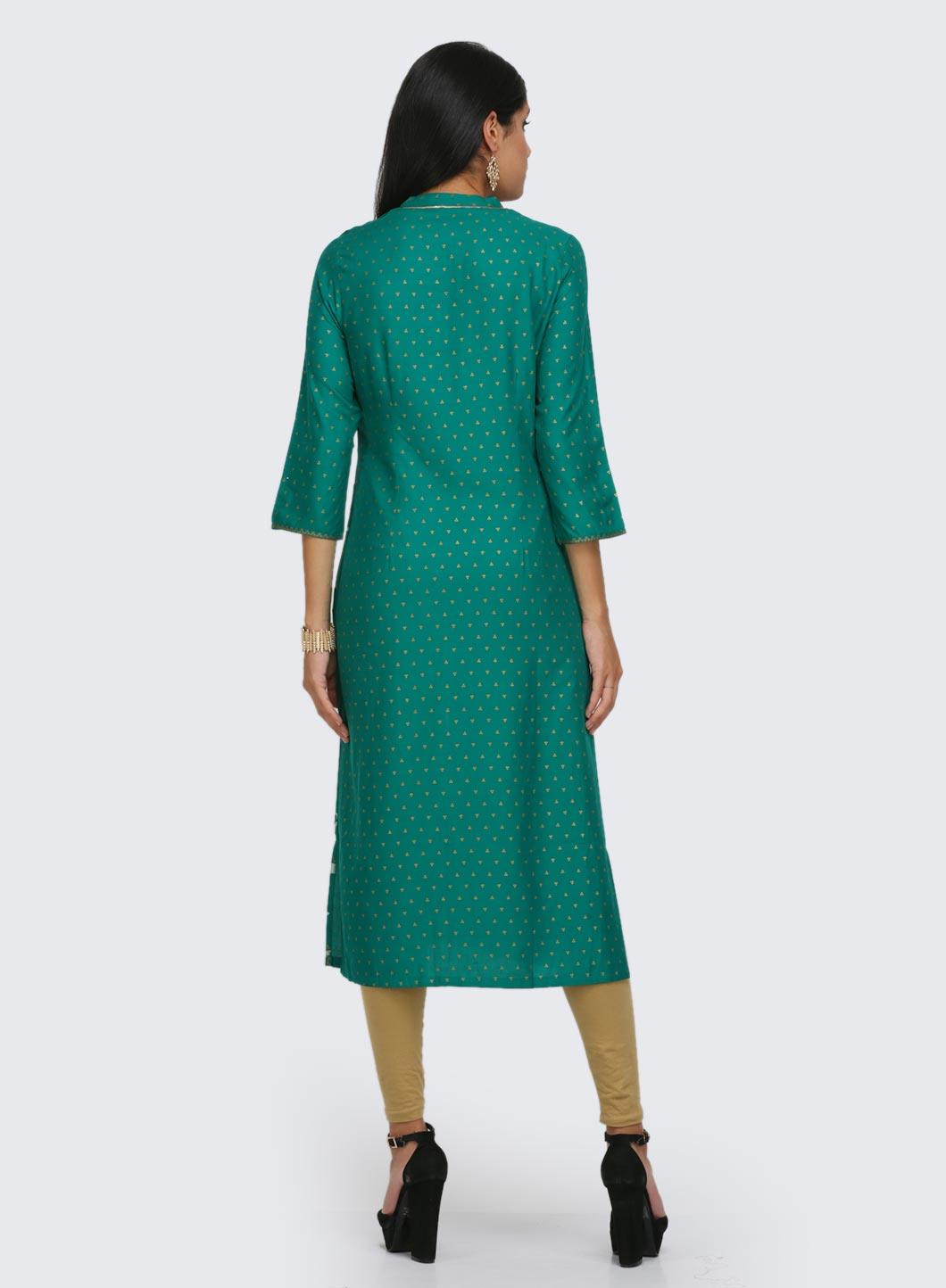 Green Printed Mandarin Neck kurta - wforwoman